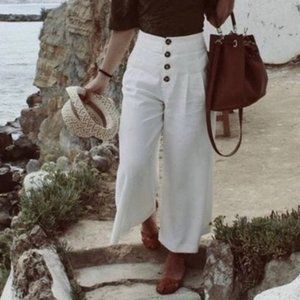 Zara White Button High Waisted Culottes Trousers Wide Leg XS